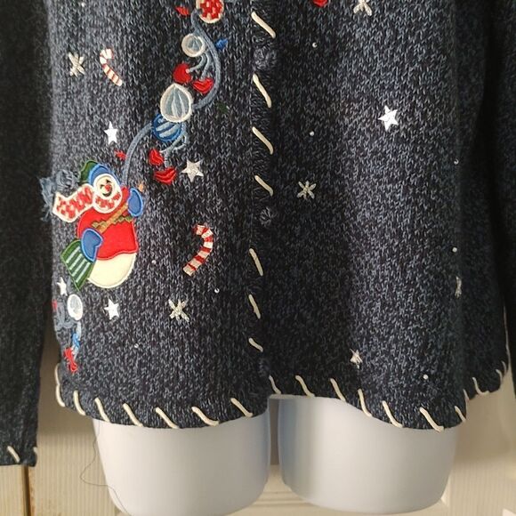 Cappagallo blue button down winter snowman holiday cardigan Sz M NWT - Picture 2 of 8